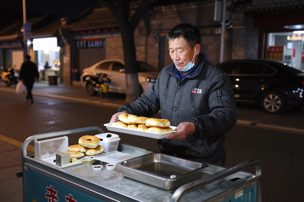 Late Night Beijing Street Food Vendor with Mandazi and Fruit Crate in in Beijing, China