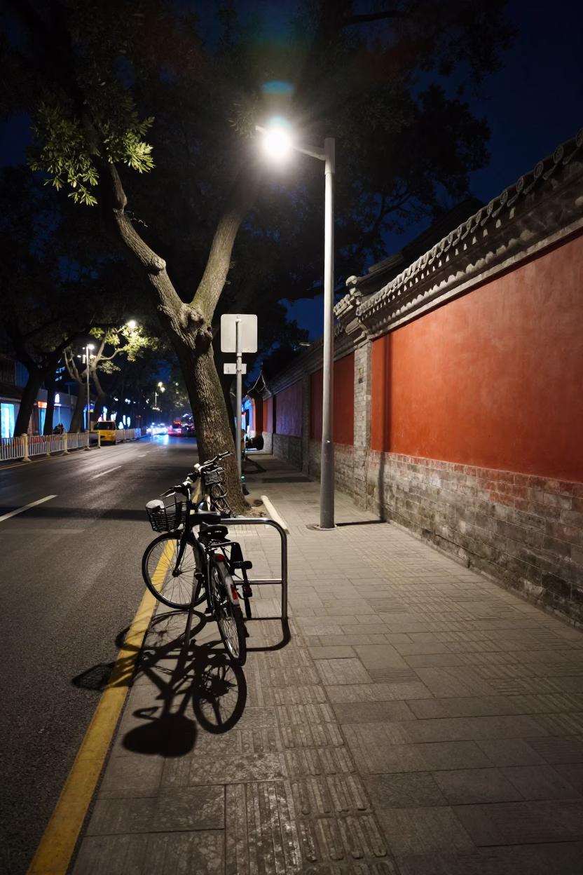 Late Night Beijing Street Scene With Bicycle Rack And Red Brick Building in in Beijing, China
