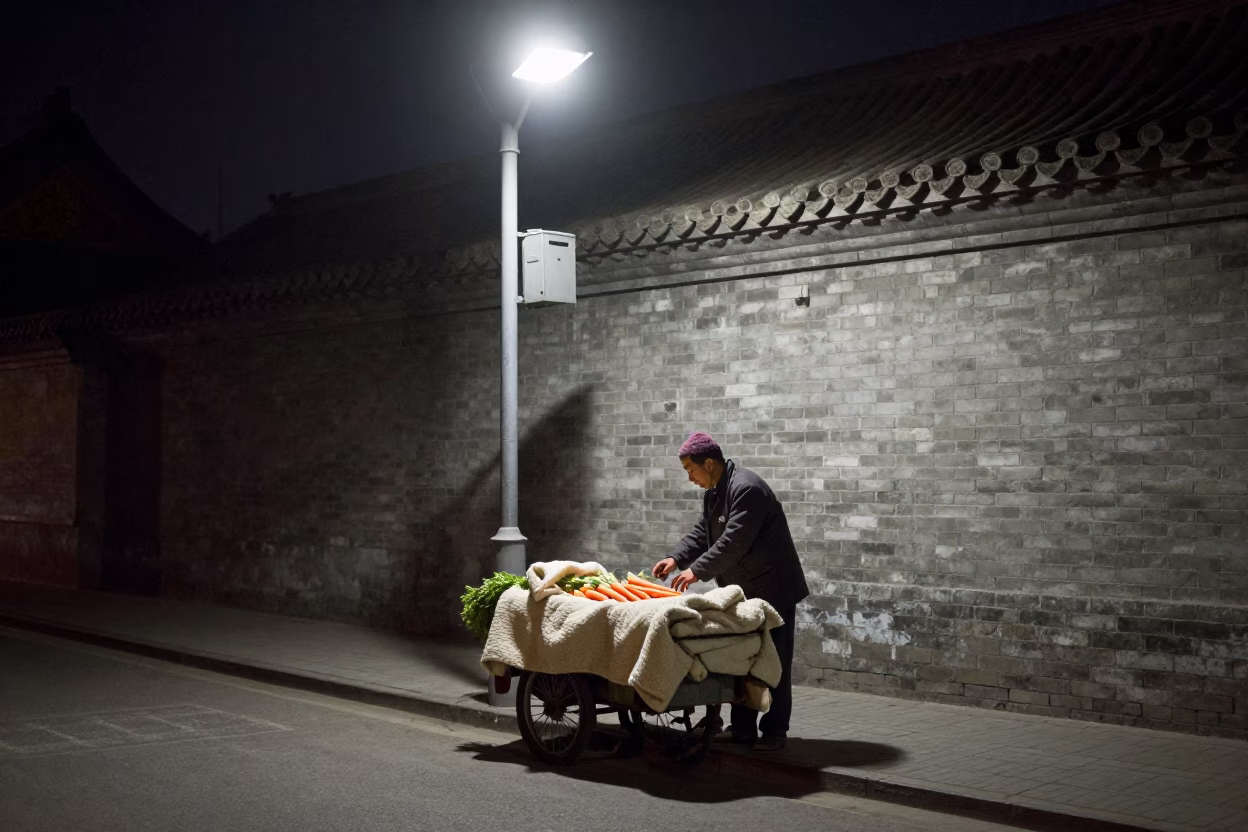 Late Night Beijing Street Scene with Carrots and Blanket on Vendor Cart in in Beijing, China