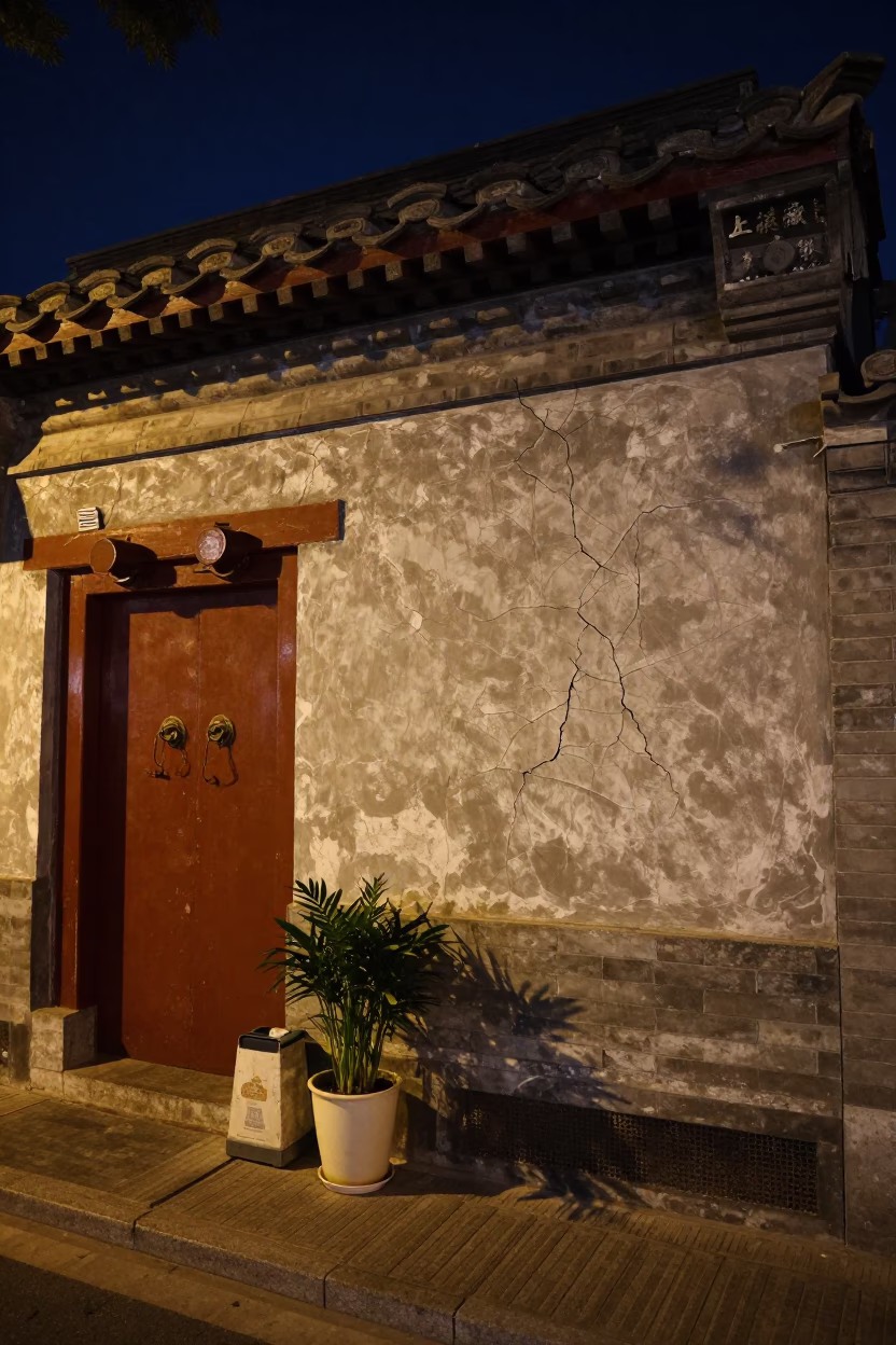 Late Night Beijing Street Scene with Cracked Stucco Wall and Domestic Items in in Beijing, China