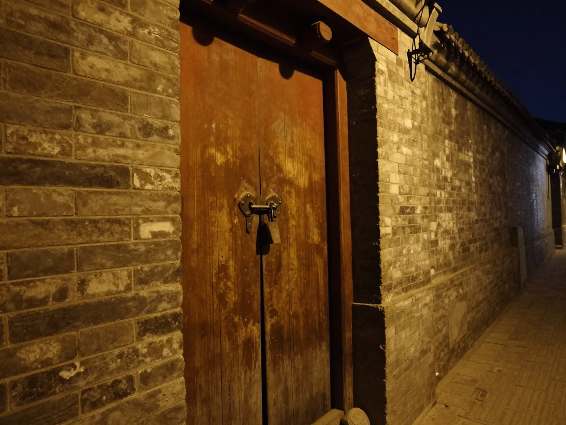 Late Night Beijing Street Scene with Iron Deadbolt and Metro Tunnel in in Beijing, China