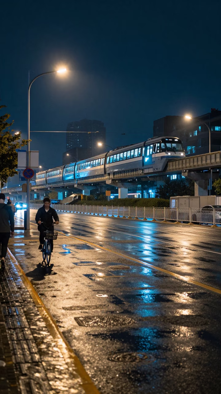 Late Night Beijing Street Scene with Monorail and Bicycle Rack in in Beijing, China