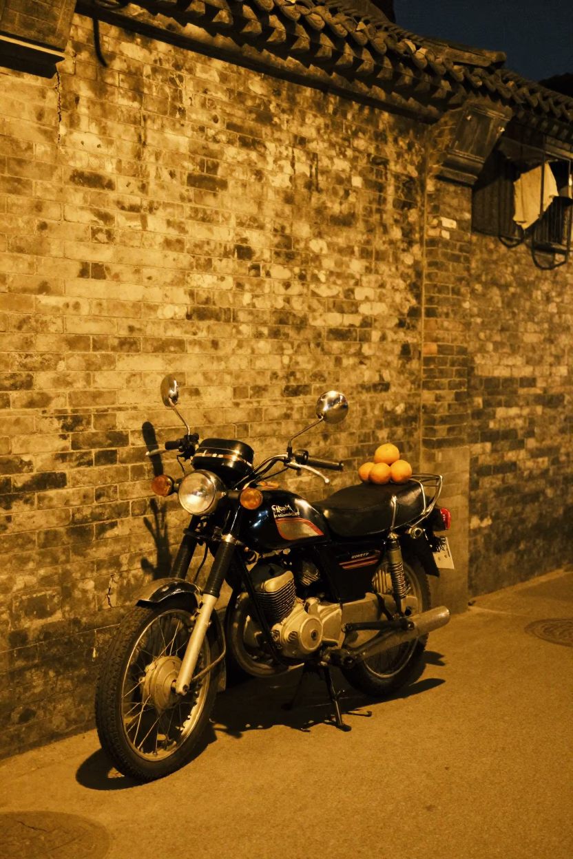 Late Night Beijing Street Scene with Motorcycle and Oranges on Concrete Sidewalk in in Beijing, China