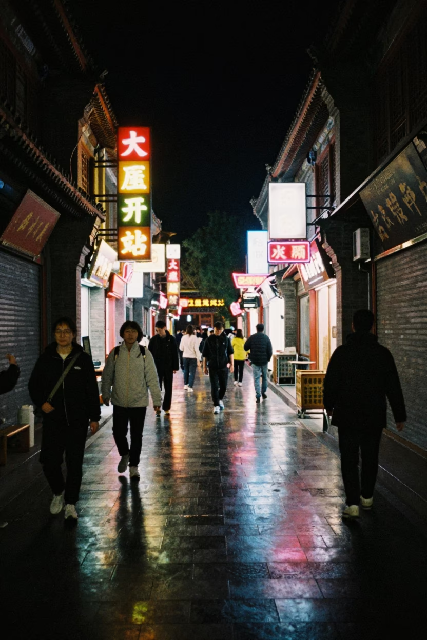 Late Night Beijing Street Scene with Neon Reflections and Urban Life in in Beijing, China