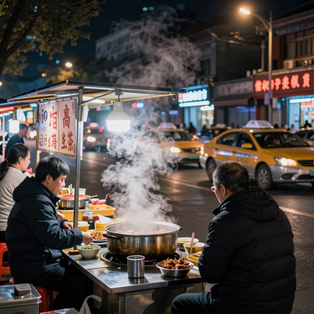 Late Night Beijing Street Scene with Neon Signs and Street Food Vendor in in Beijing, China
