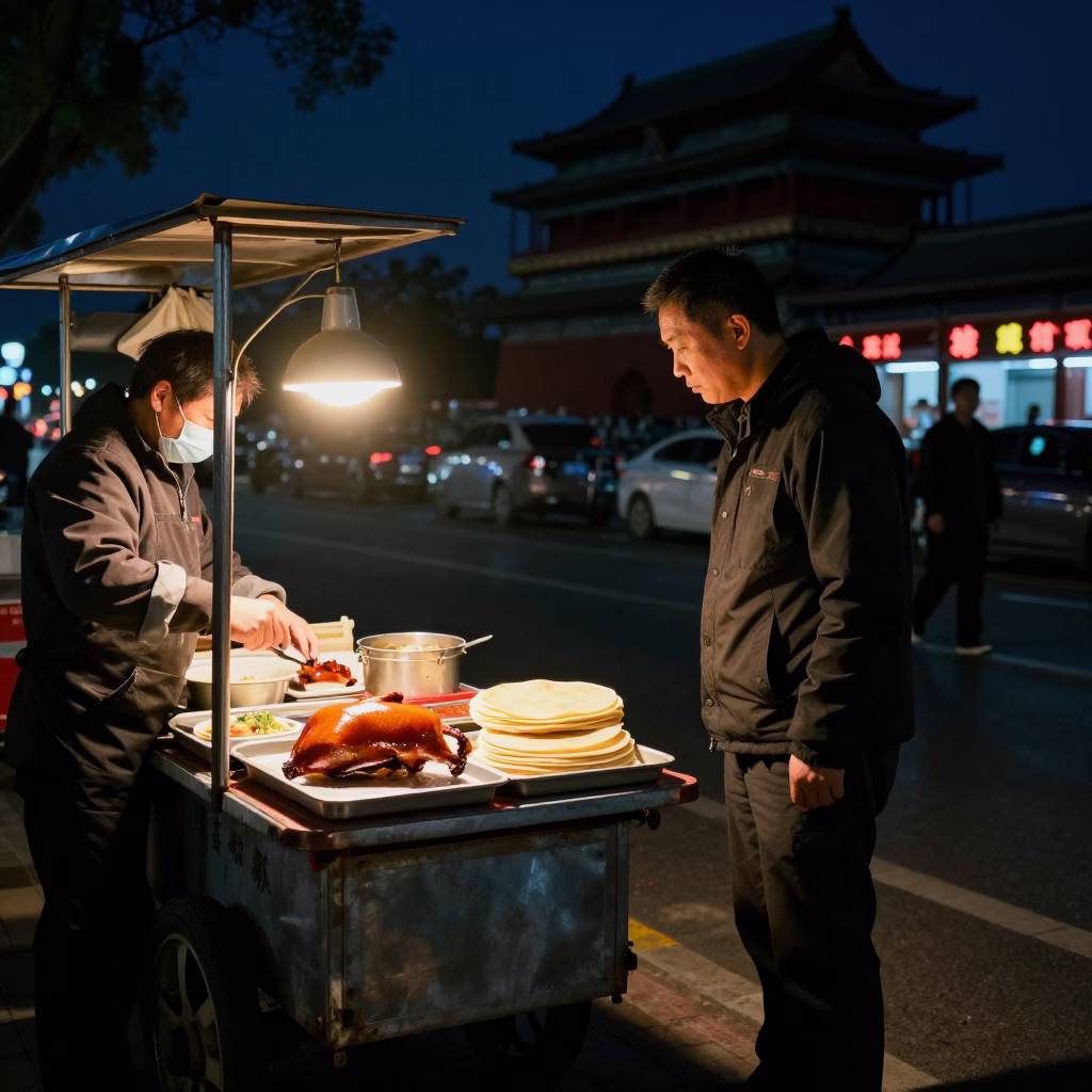 Late Night Beijing Street Scene with Peking Duck and Paperbacks Under Deep Night Sky in in Beijing, China