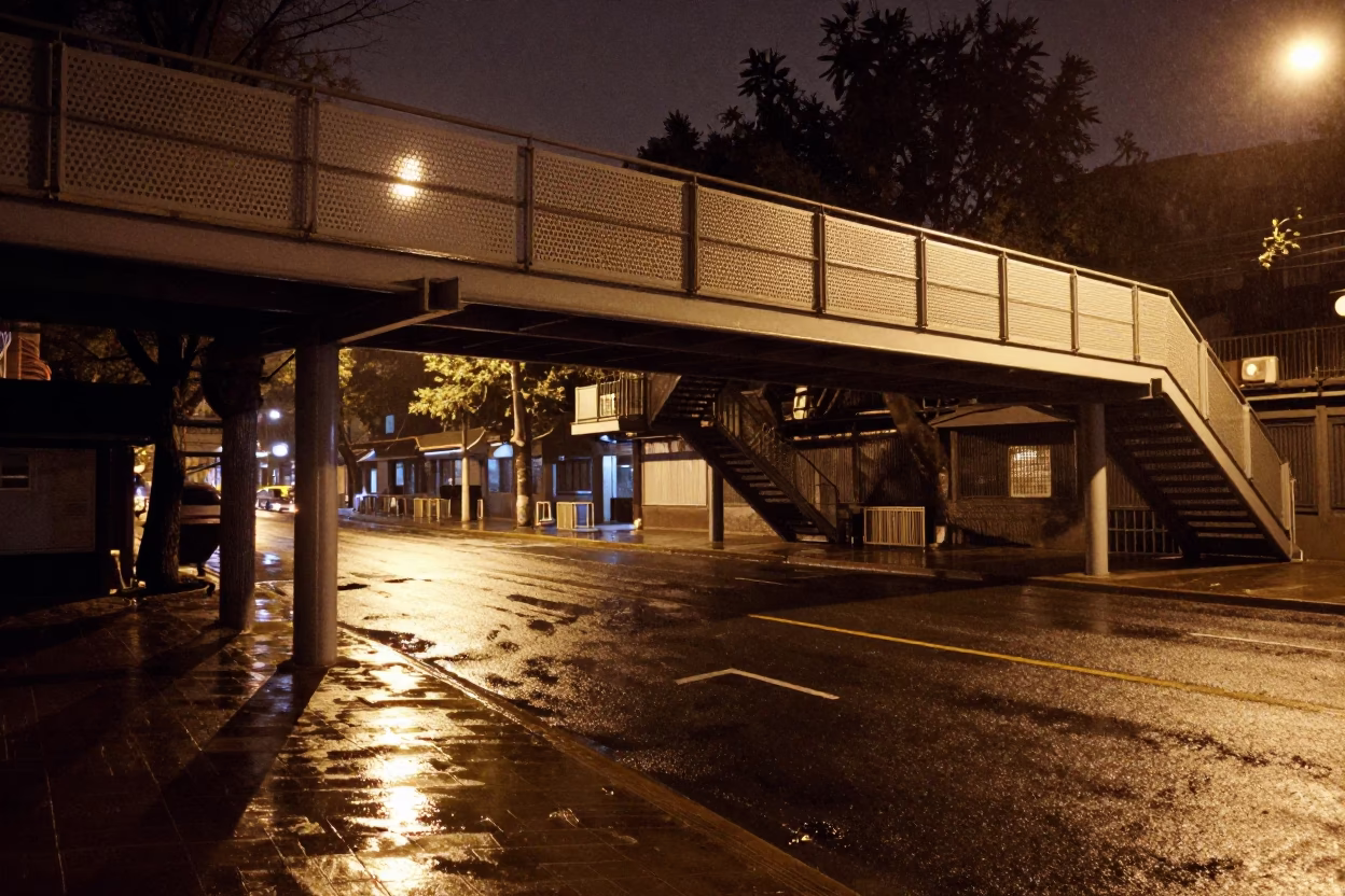 Late Night Beijing Street Scene with Perforated Metal Overpass and Wet Footsteps in in Beijing, China
