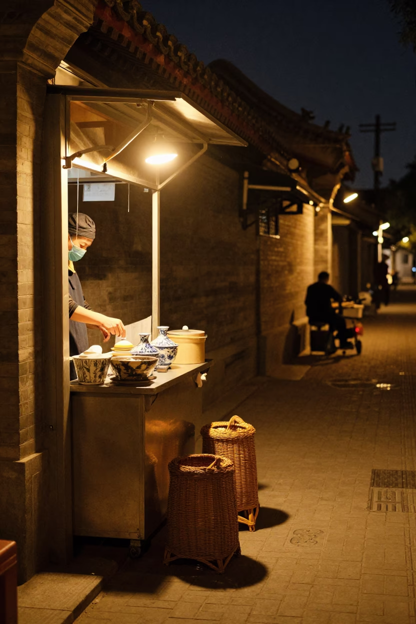 Late Night Beijing Street Scene with Porcelain and Wicker Shadow in in Beijing, China