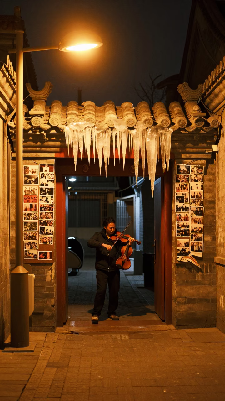 Late Night Beijing Street Scene with Postcards and Violin Near Tunnel Portal in in Beijing, China