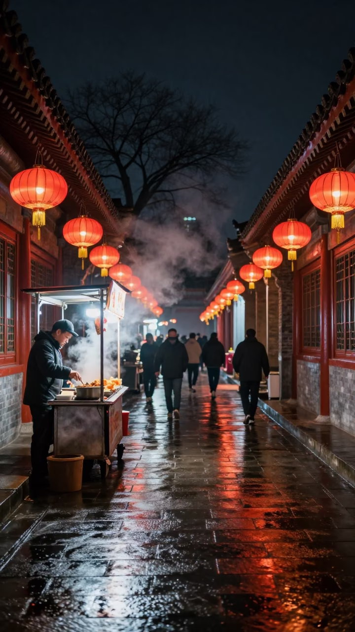 Late Night Beijing Street Scene with Red Lanterns and Traditional Architecture in in Beijing, China
