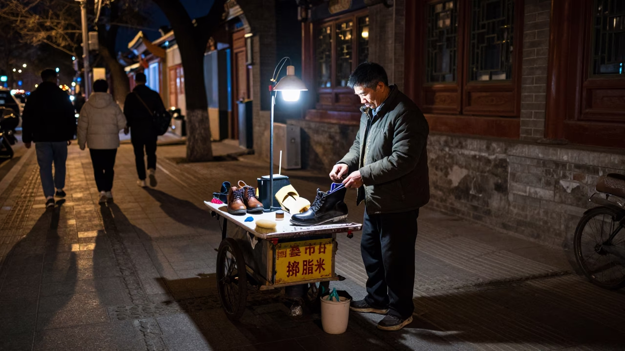 Late Night Beijing Street Scene with Shoe Brush Vendor and Neon Lights in in Beijing, China