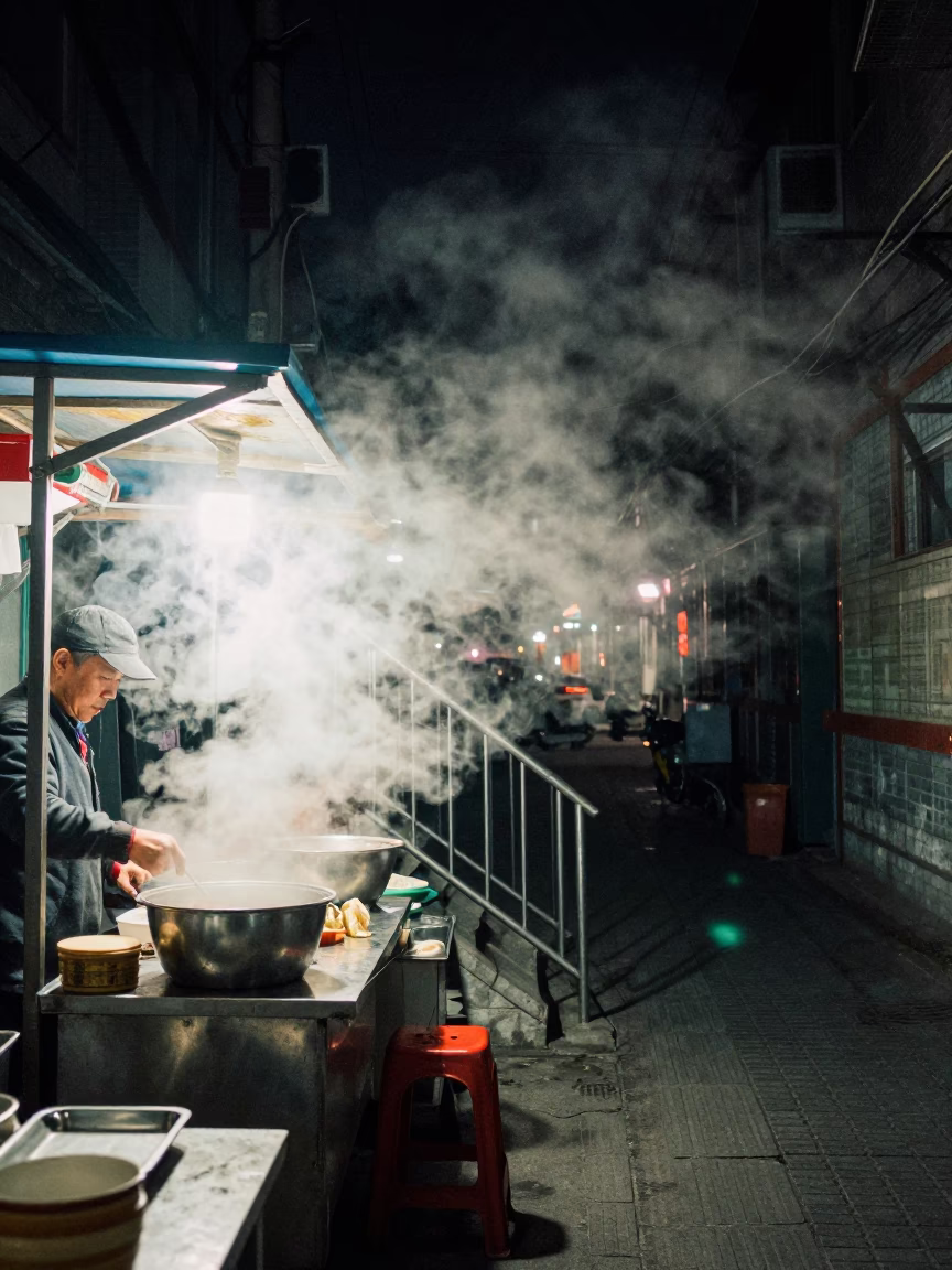 Late Night Beijing Street Scene with Steam Haze and Stair Rail in in Beijing, China