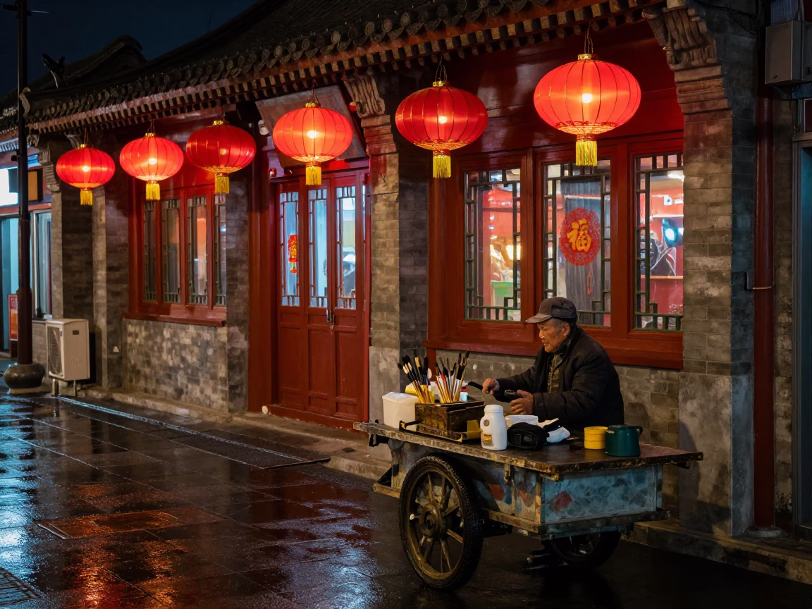 Late Night Beijing Street Scene with Traditional Calligraphy Brushes and Urban Lanterns in in Beijing, China