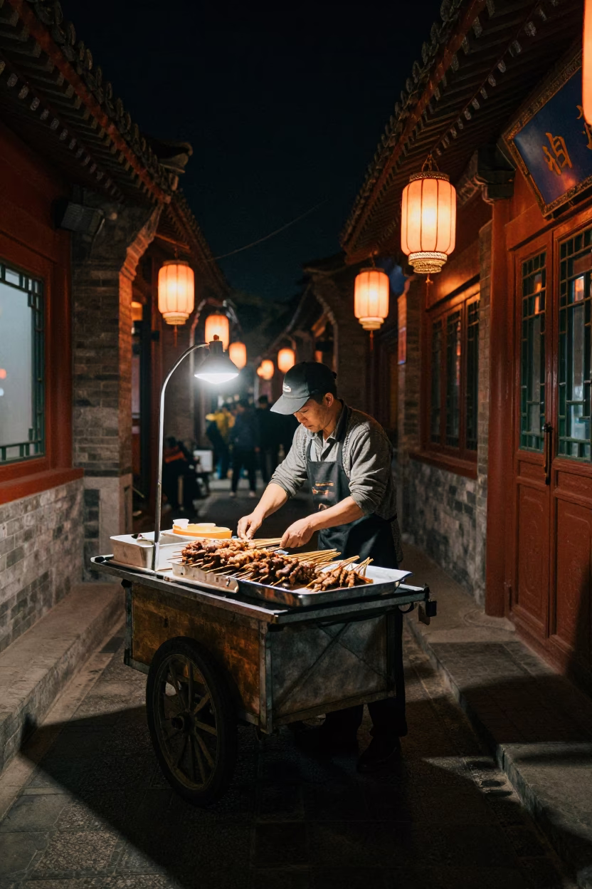 Late Night Beijing Street Scene with Vendor and Traditional Lanterns in in Beijing, China