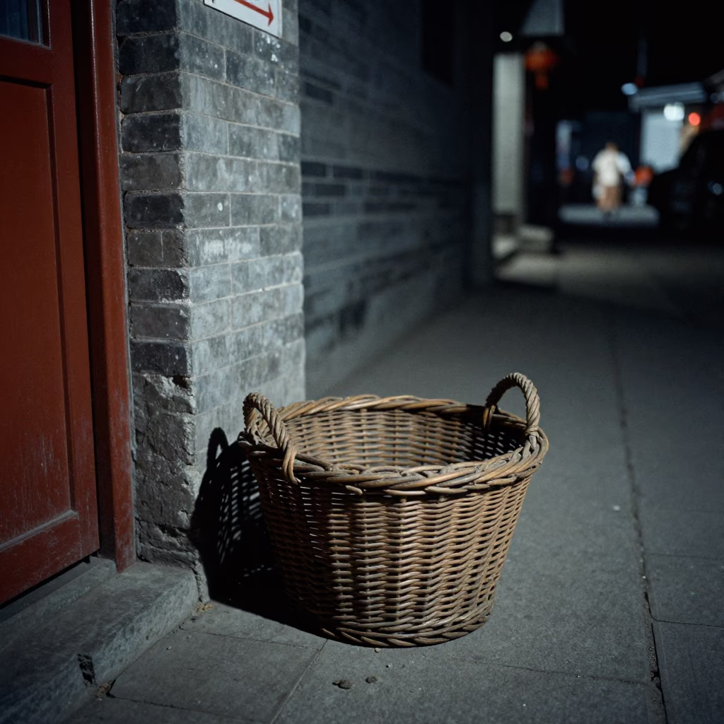 Late Night Beijing Street Scene with Wicker Hamper and Clay Pot Amidst Urban Life in in Beijing, China