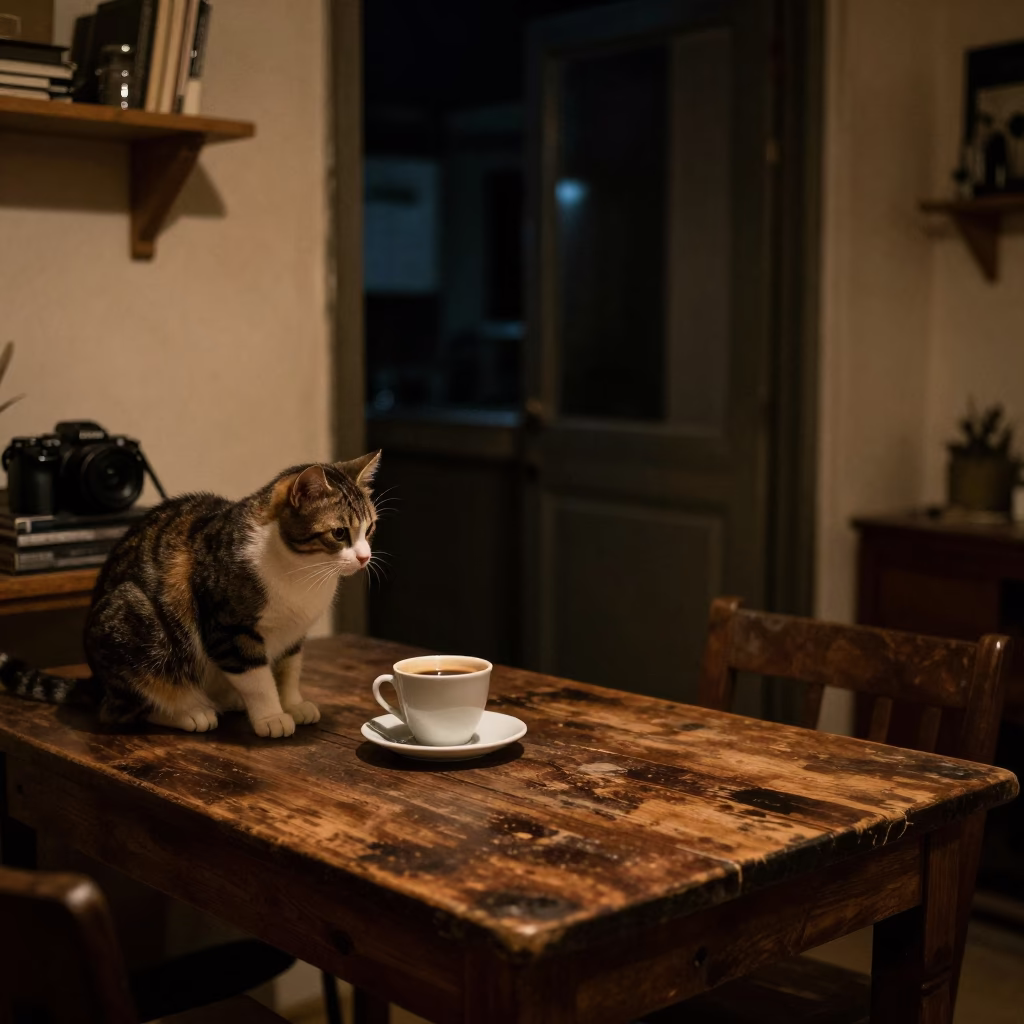 Late Night Beirut Apartment Interior with Cat and Coffee Ritual in in Beirut, Lebanon