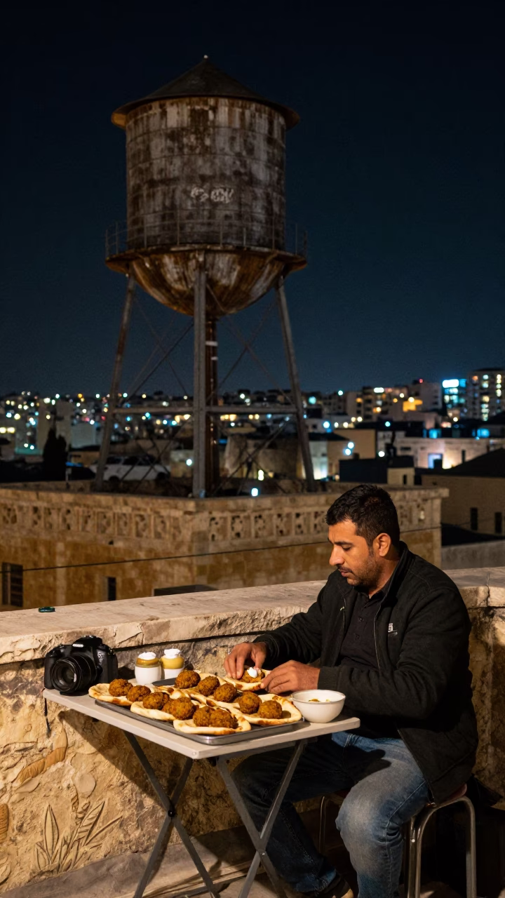 Late Night Beirut Rooftop Scene with Water Tower and Falafel Pita Tray in in Beirut, Lebanon