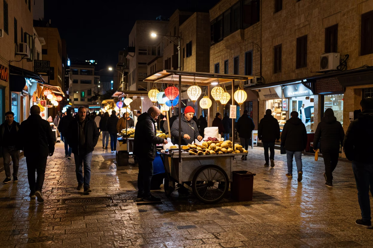 Late Night Beirut Street Corner with Hanging Lanterns and Local Night Market Activity in in Beirut, Lebanon