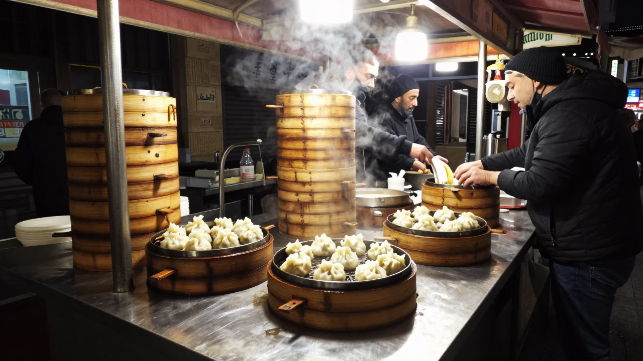 Late Night Beirut Street Food Scene with Dim Sum Steamers and City Lights in in Beirut, Lebanon