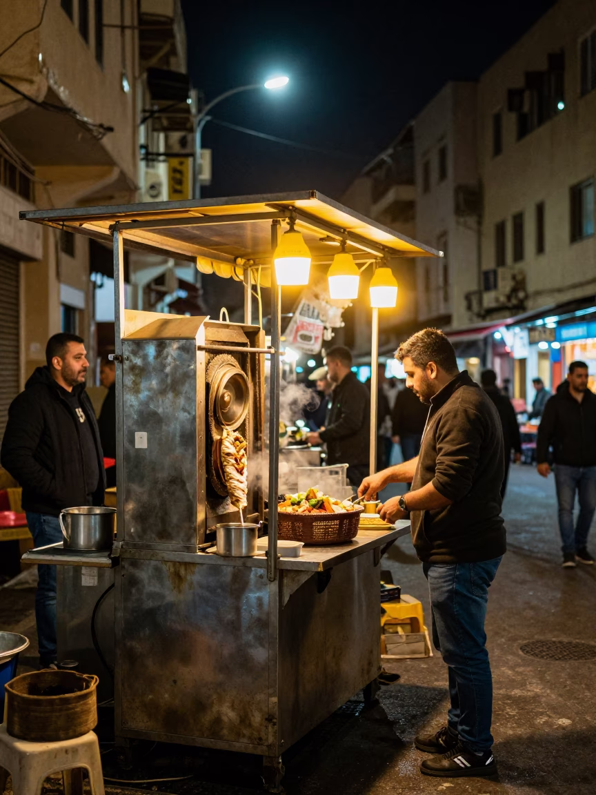 Late Night Beirut Street Food Stall with Shawarma and City Lights in in Beirut, Lebanon