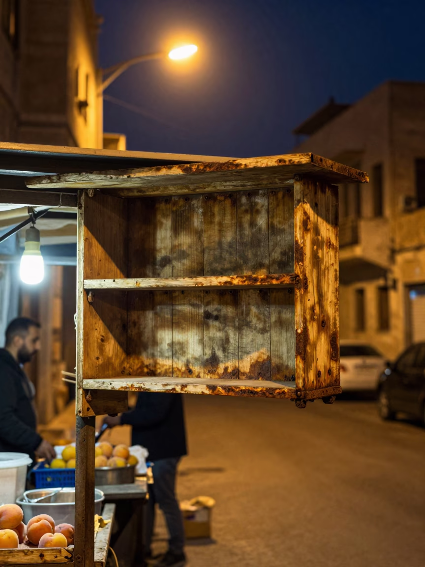 Late Night Beirut Street Scene with Apricots and Rusty Shelf Bracket in in Beirut, Lebanon