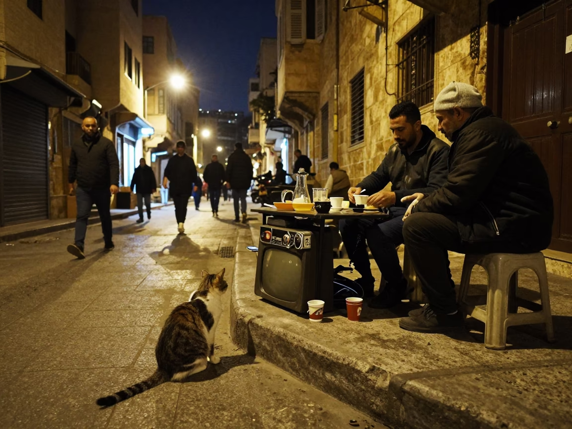 Late Night Beirut Street Scene with Cat and Vintage Coffee Cup in in Beirut, Lebanon