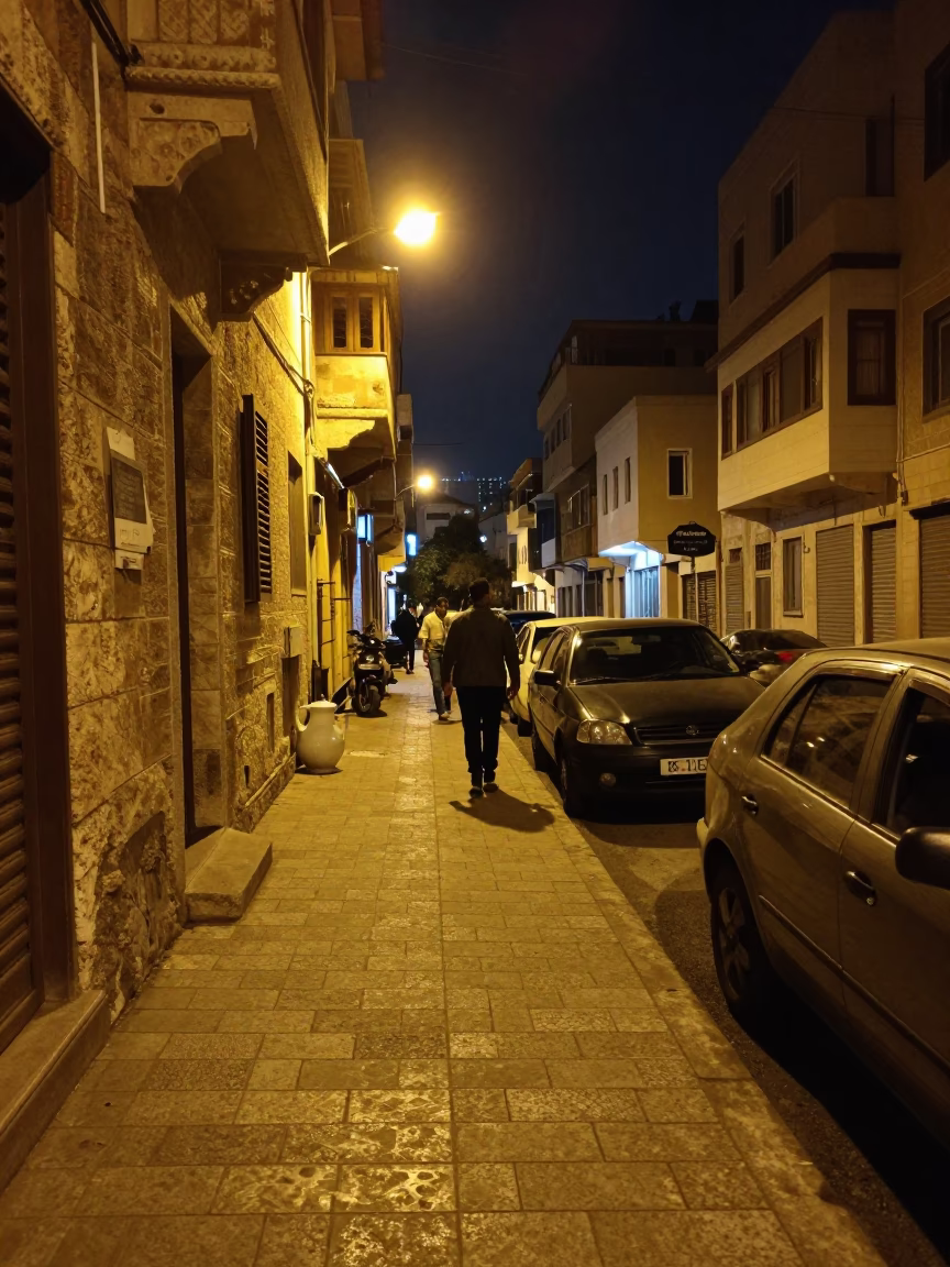 Late Night Beirut Street Scene with Ceramic Pitcher and Cat Near Ottoman Architecture in in Beirut, Lebanon