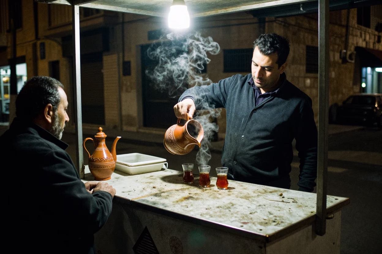 Late Night Beirut Street Scene with Ceramic Pitcher and Flowering Plant in in Beirut, Lebanon