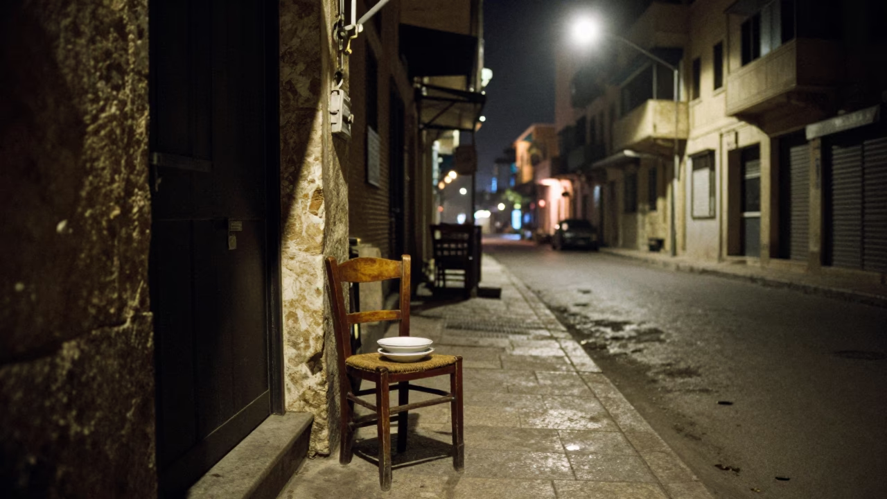 Late Night Beirut Street Scene with Chair and Dish Towel in Urban Setting in in Beirut, Lebanon