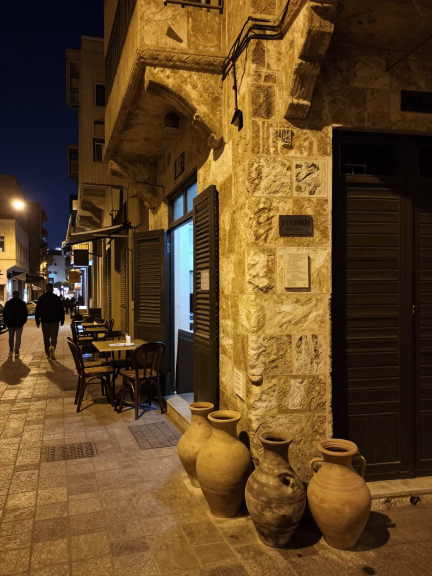 Late Night Beirut Street Scene with Clay Pots and Glass Tumblers Outside Traditional Cafe in in Beirut, Lebanon