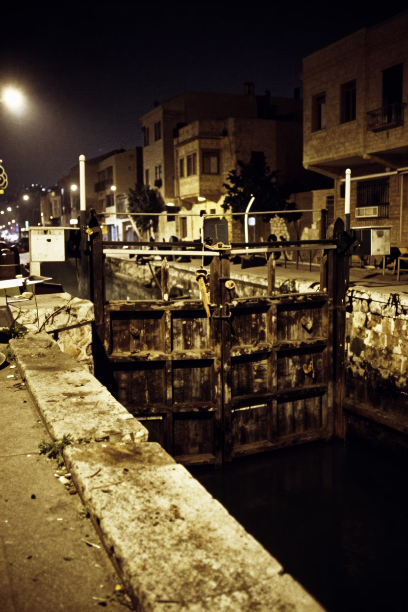Late Night Beirut Street Scene with Crumbling Canal Lock and Rotten Timber Gates in in Beirut, Lebanon