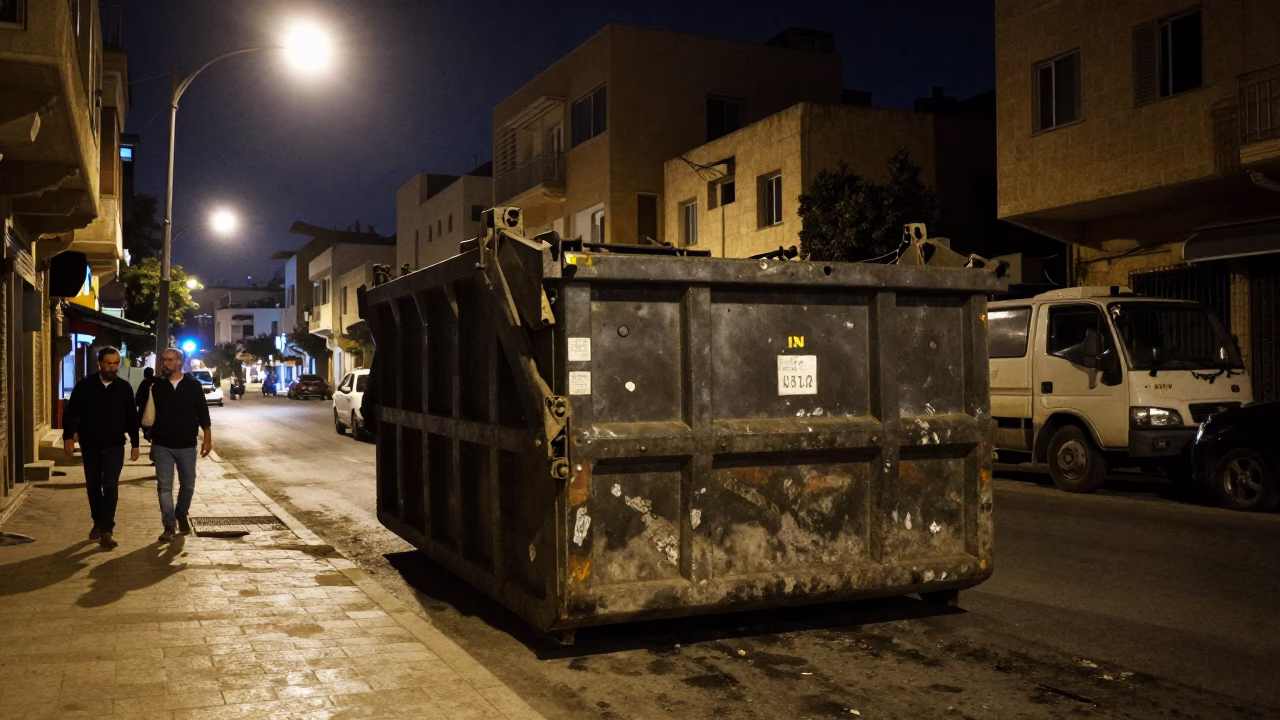 Late Night Beirut Street Scene with Demolition Dumpster and Gutted Storefront Facade in in Beirut, Lebanon