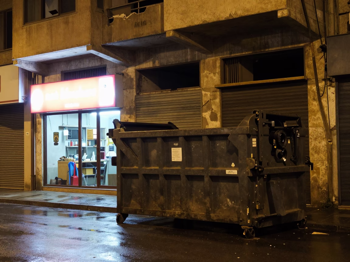 Late Night Beirut Street Scene with Demolition Dumpster and Urban Decay in in Beirut, Lebanon