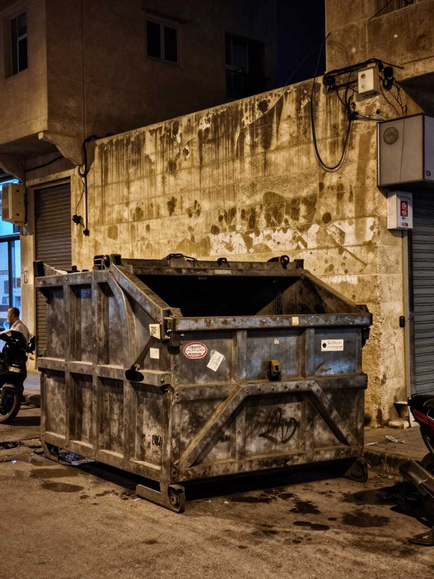 Late Night Beirut Street Scene with Demolition Dumpster and Wall Smudges in in Beirut, Lebanon