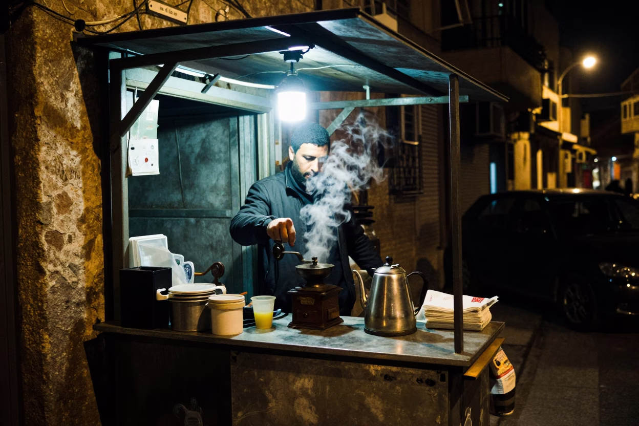 Late Night Beirut Street Scene with Electric Kettle and Vintage Coffee Grinder in in Beirut, Lebanon