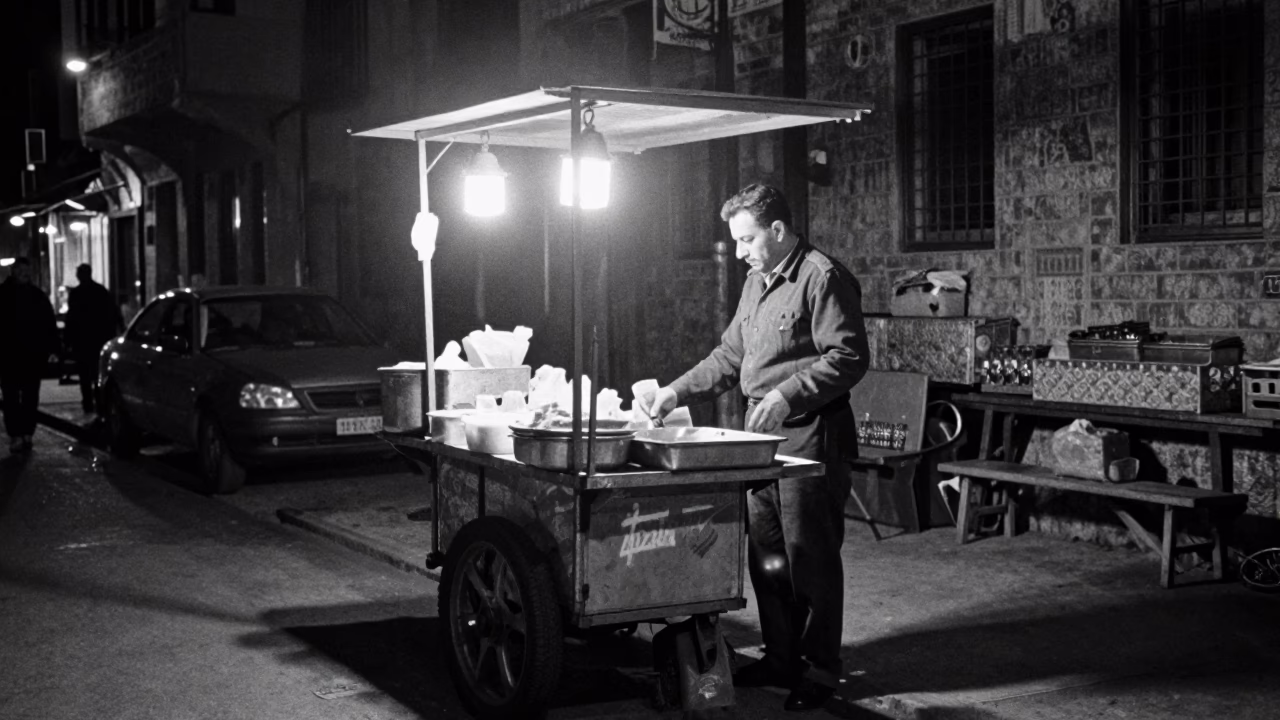 Late Night Beirut Street Scene with Food Vendor and City Lights in in Beirut, Lebanon