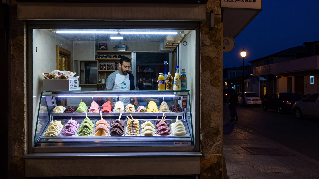 Late Night Beirut Street Scene with Gelato Display and Urban Nightlife in in Beirut, Lebanon
