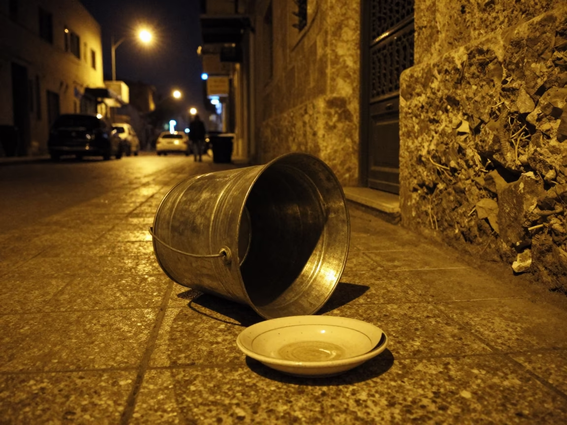 Late Night Beirut Street Scene with Metal Bucket and Saucer on Cobblestone in in Beirut, Lebanon