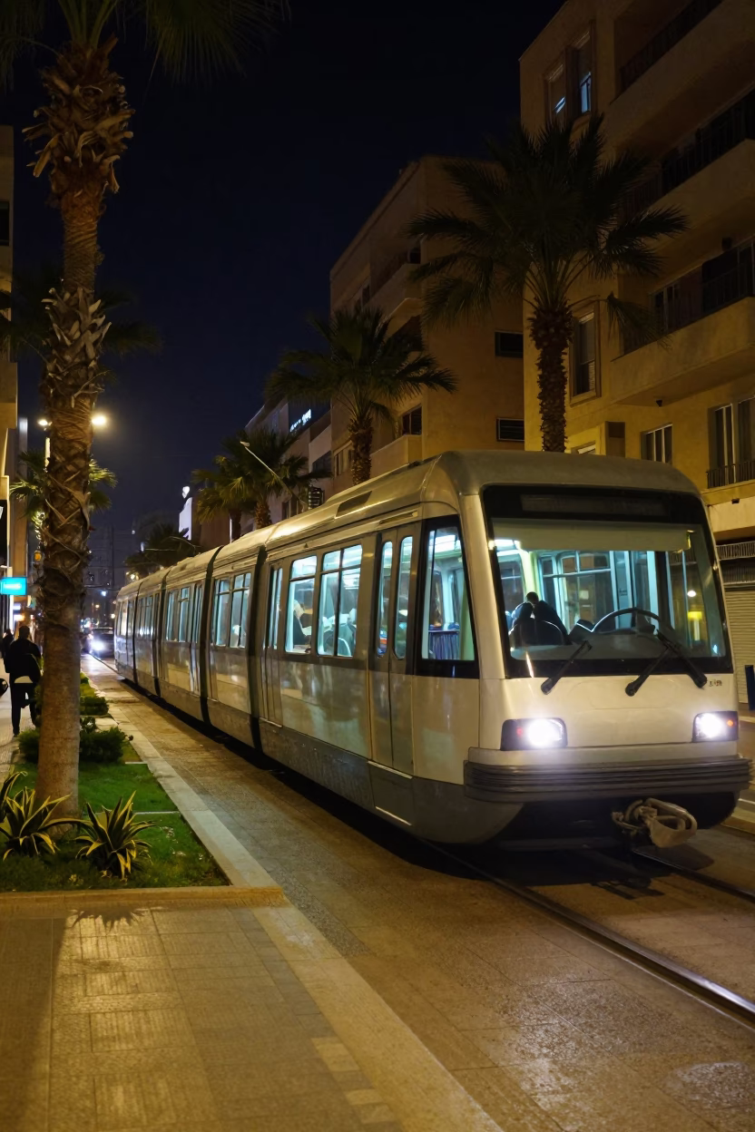 Late Night Beirut Street Scene with Monorail and Glass Towers in in Beirut, Lebanon