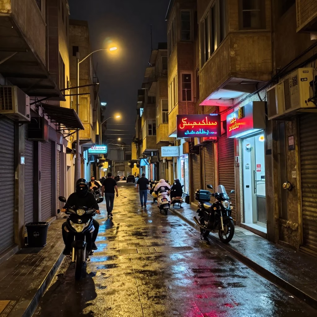 Late Night Beirut Street Scene with Motorcycle and Neon Signs in in Beirut, Lebanon