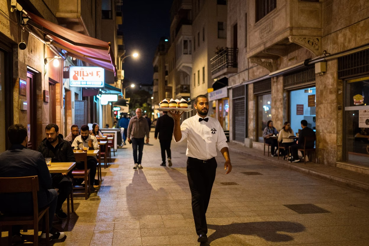 Late Night Beirut Street Scene with Neon Signs and Traditional Coffee Service in in Beirut, Lebanon