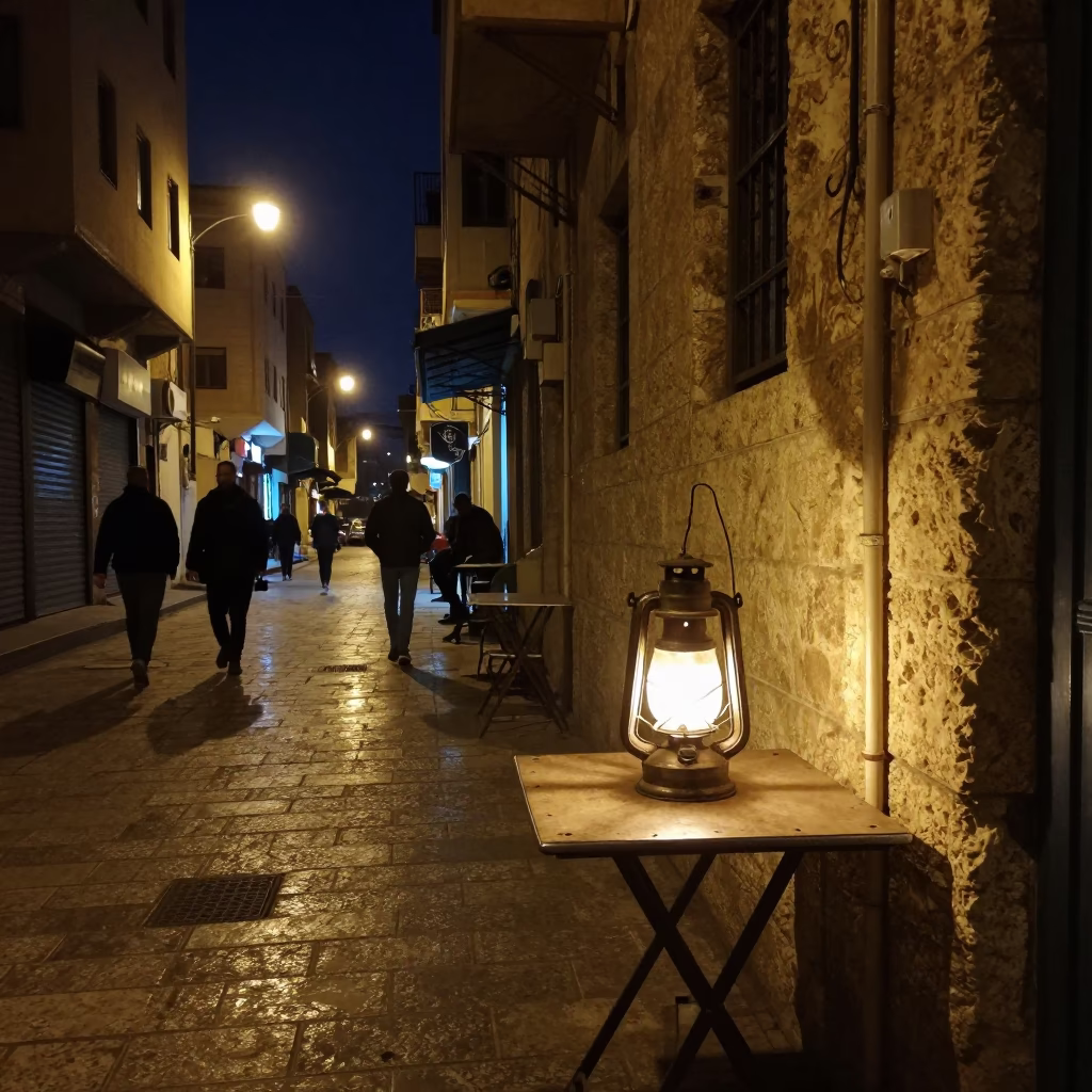 Late Night Beirut Street Scene with Oil Lamp and Bar Stools in in Beirut, Lebanon