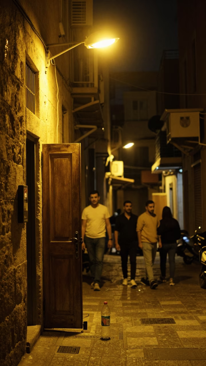 Late Night Beirut Street Scene with Plastic Bottle and Lit Doorknob in in Beirut, Lebanon