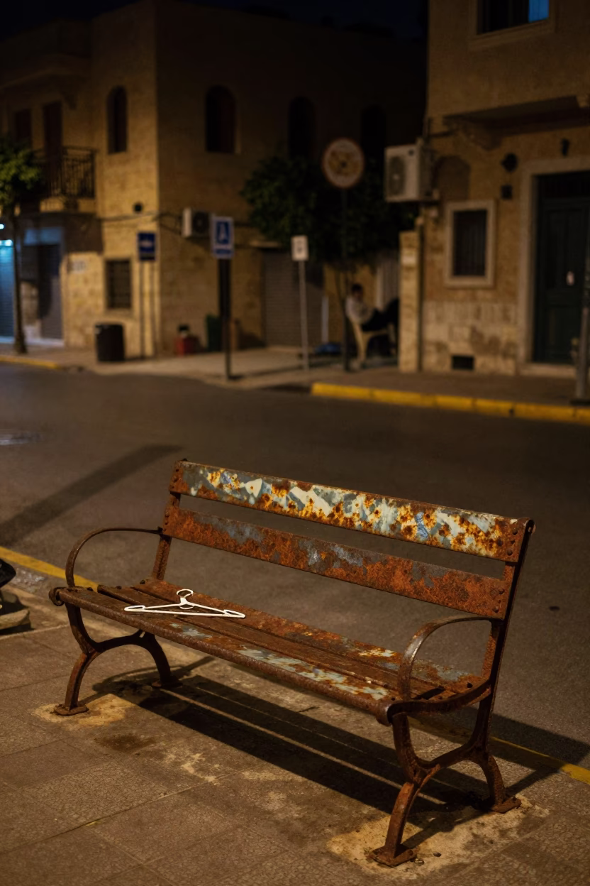 Late Night Beirut Street Scene with Rusty Bench and Shirt Hanger in in Beirut, Lebanon