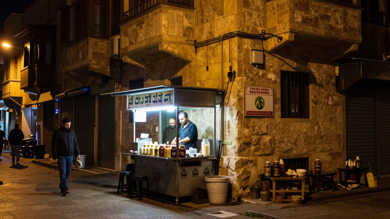 Late Night Beirut Street Scene with Spice Jars and Fries in in Beirut, Lebanon