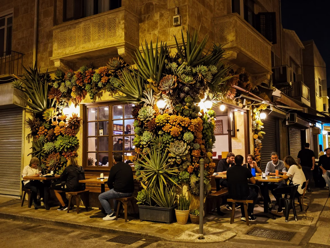 Late Night Beirut Street Scene with Succulent Wall and Padlock in in Beirut, Lebanon