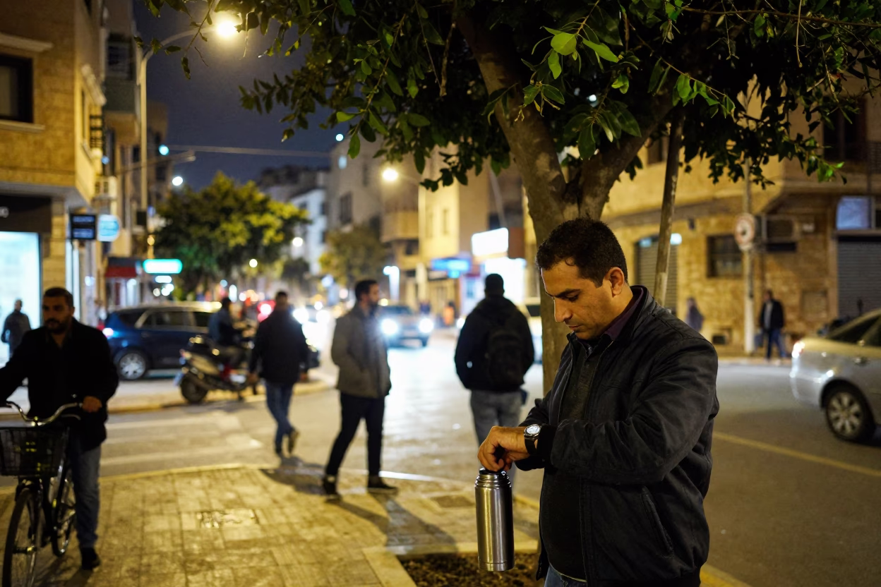 Late Night Beirut Street Scene with Thermos and Tree in Urban Setting in in Beirut, Lebanon