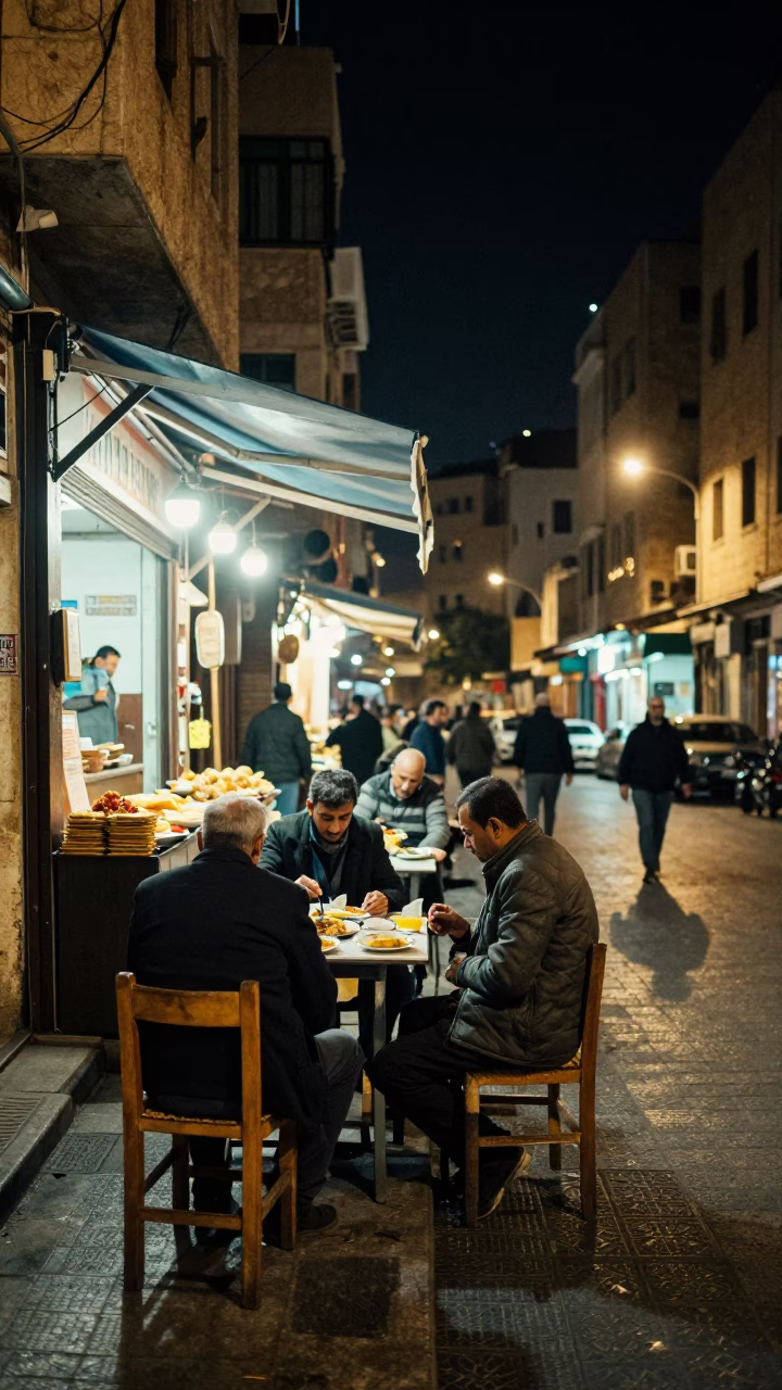 Late Night Beirut Street Scene with Traditional Food and Seating at Midnight in in Beirut, Lebanon