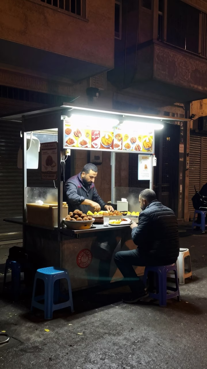 Late Night Beirut Street Scene with Traditional Lebanese Kibbeh and Pine Nuts on Newspaper in in Beirut, Lebanon