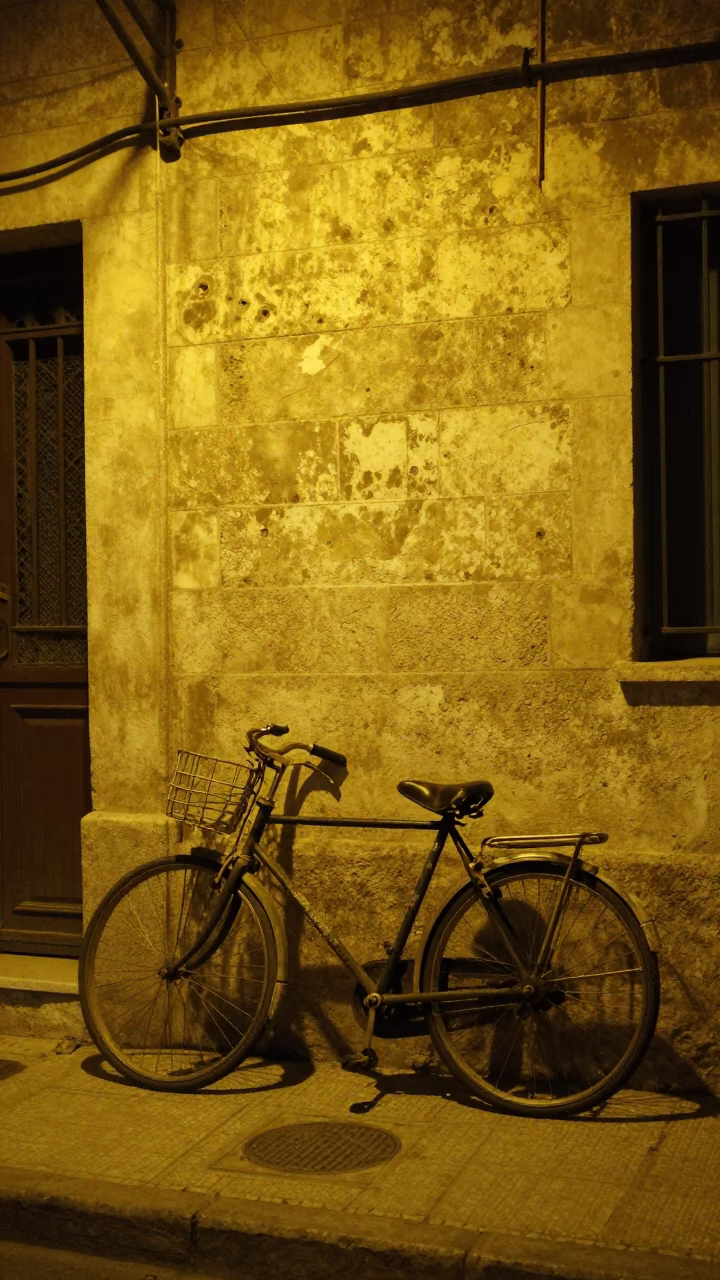 Late Night Beirut Street Scene with Vintage Bicycle and Latch Details in in Beirut, Lebanon